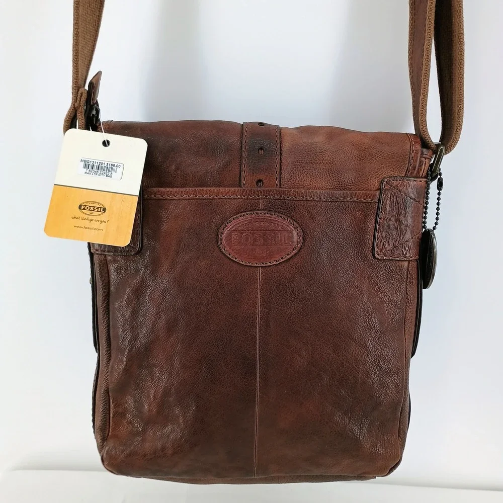 Fossil Max LTR City Bag MBG1311 Brown Distressed Leather Messenger Crossbody